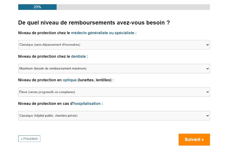 exemple choix de garanties santé sur un comparateur en mutuelles